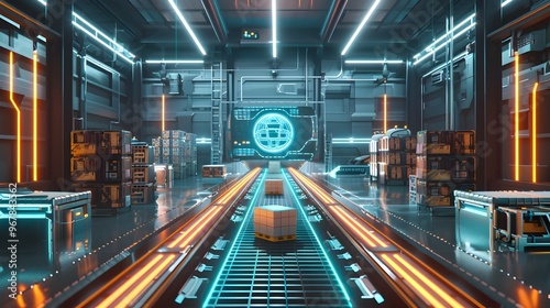 Futuristic Automated Logistics Warehouse with Robots Sorting Packages on High Tech Conveyor Belts