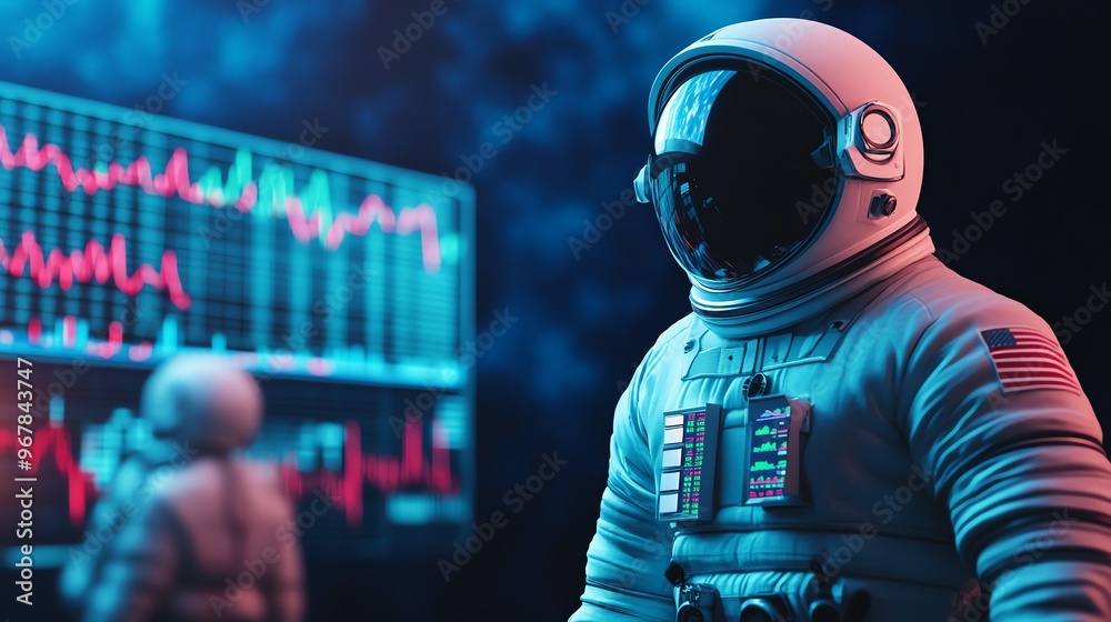 A striking low-angle perspective of astronauts examining a digital screen showing cascading stock market trends A striking low-angle perspective of astronauts examining a digital screen showing cascading stock market trends