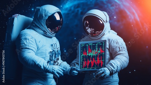 A striking low-angle perspective of astronauts examining a digital screen showing cascading stock market trends