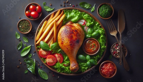 Overhead View of a Delicious BBQ Feast with Freshly Grilled Chicken photo