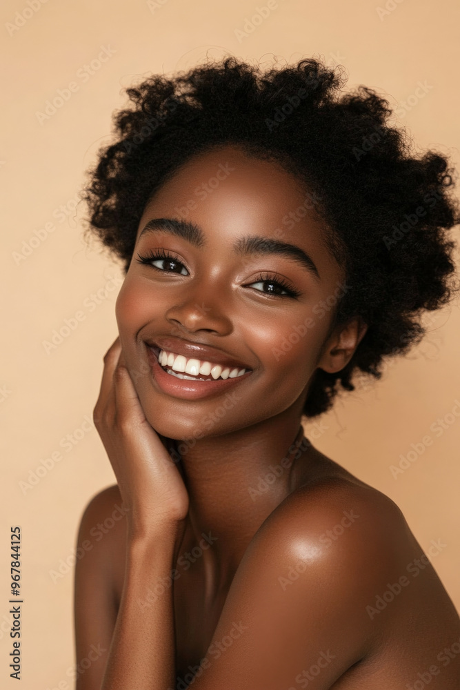 Radiant woman with bare shoulders, smiling brightly, her arm resting gently on her cheek, surrounded by a beige backdrop. Radiant woman with bare shoulders, smiling brightly, her arm resting gently on her cheek, surrounded by a beige backdrop.