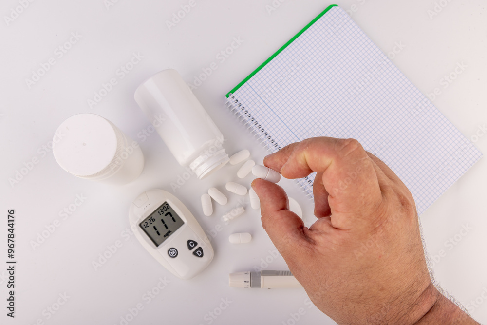 Top view of glucose meter, note pad, white pills, and hand taking a pill on a white background Top view of glucose meter, note pad, white pills, and hand taking a pill on a white background