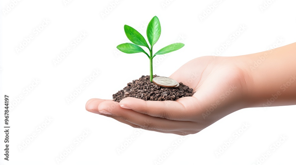 A hand gently cradles a young plant sprouting from rich soil, symbolizing growth, sustainability, and care for the environment. A hand gently cradles a young plant sprouting from rich soil, symbolizing growth, sustainability, and care for the environment.