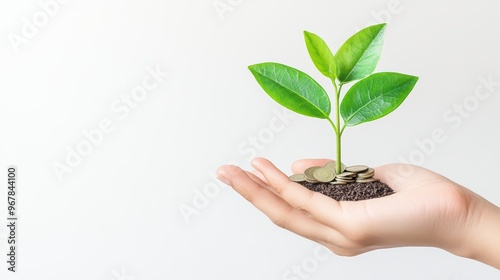 A hand supporting a small plant, symbolizing growth, care, and environmental sustainability, with soil and pebbles visible.