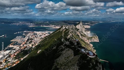 Aerial view of the rock of Gibraltar with the ocean and port in a beautiful coastal landscape, Gibraltar.