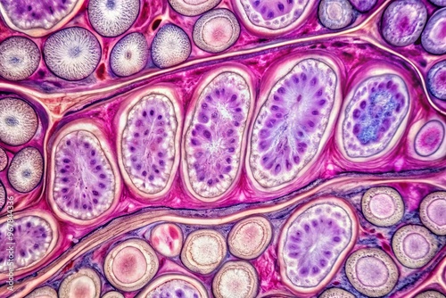 Microscopic view of stratified squamous epithelium, showing multiple layers of flattened cells with distinct boundaries photo