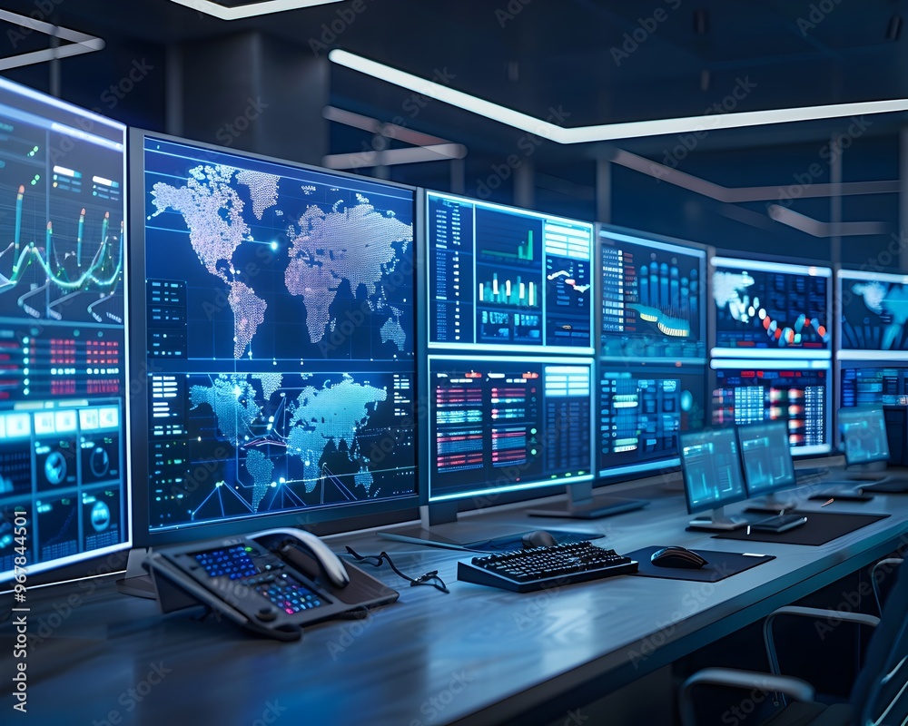 Futuristic Logistics Control Room with Live Data Visualization and Efficiency Monitoring Futuristic Logistics Control Room with Live Data Visualization and Efficiency Monitoring