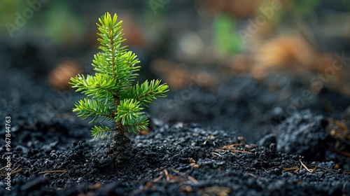 New pine tree sapling, forest floor, text space for reforestation and wilderness campaigns