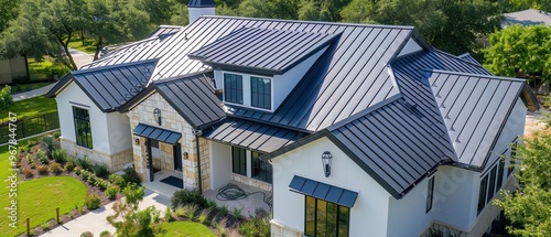 New home build, intricate metal roof against a lush green, professional installation