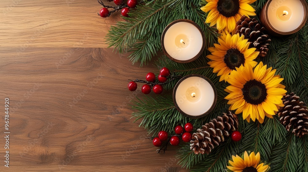Rustic Christmas table setting with sunflower centerpieces, candles, and pine sprigs, cozy holiday dinner scene with festive decorations Rustic Christmas table setting with sunflower centerpieces, candles, and pine sprigs, cozy holiday dinner scene with festive decorations