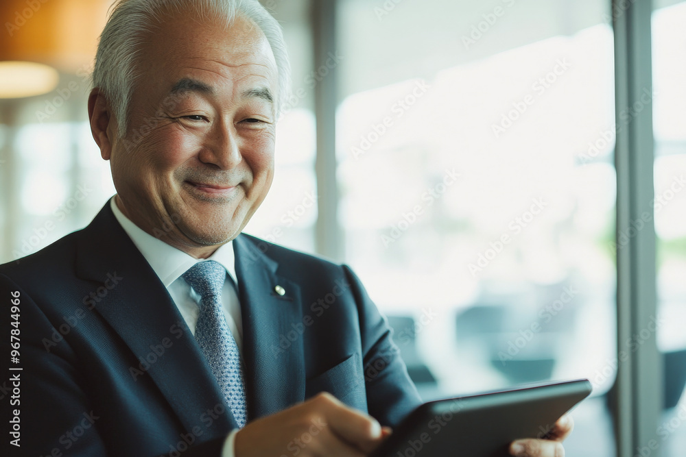Senior Japanese businessman happily using a tablet in a bright, stylish office with creative design elements. Senior Japanese businessman happily using a tablet in a bright, stylish office with creative design elements.
