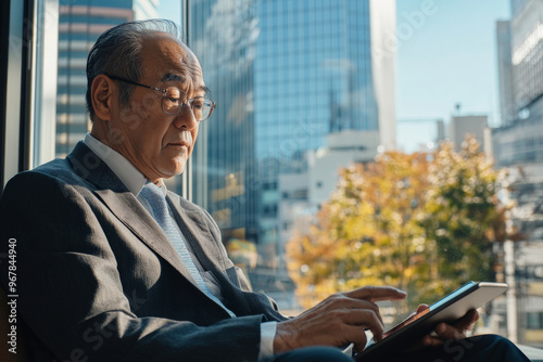 Senior Japanese businessman contentedly engaging with his tablet in a stylish, contemporary office. photo