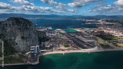 Aerial view of the rock of Gibraltar overlooking the ocean and airport, Gibraltar.