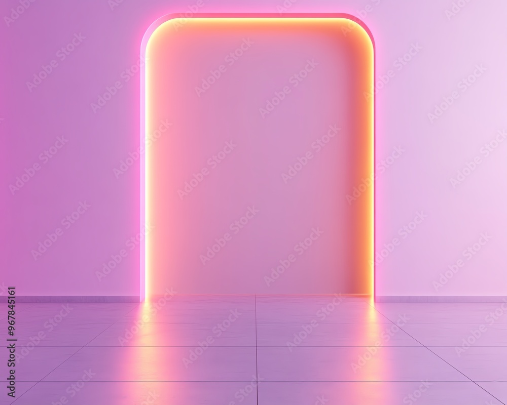 Neon archway in a pink room, glowing light, empty space. Neon archway in a pink room, glowing light, empty space.