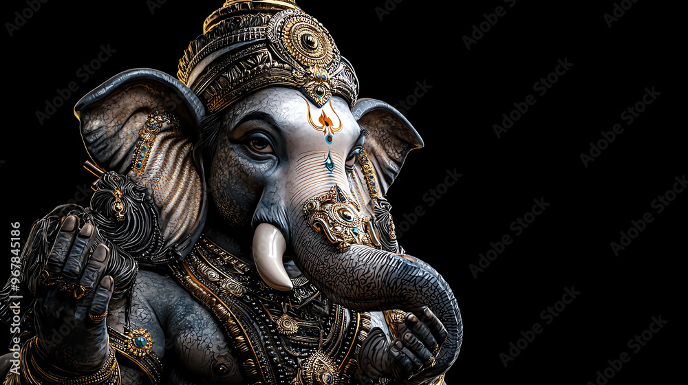 Fototapeta premium A detailed sculpture of Ganesha, the Hindu god, featuring intricate designs and a serene expression against a dark backdrop.
