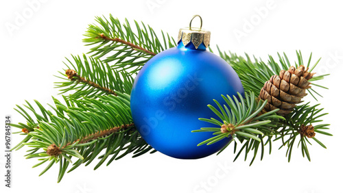 blue christmas balls decoration with evergreen fir branches isolated on transparent background