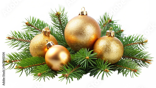 golden christmas balls decoration with evergreen fir branches isolated on transparent background