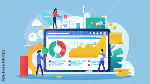 Illustration of people working on SEO strategy, digital marketing, website optimization.