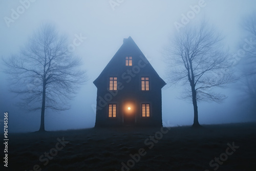 Mysterious House in Fog: A solitary house with glowing windows stands shrouded in thick fog, creating an eerie and atmospheric scene. This image evokes mystery, suspense 