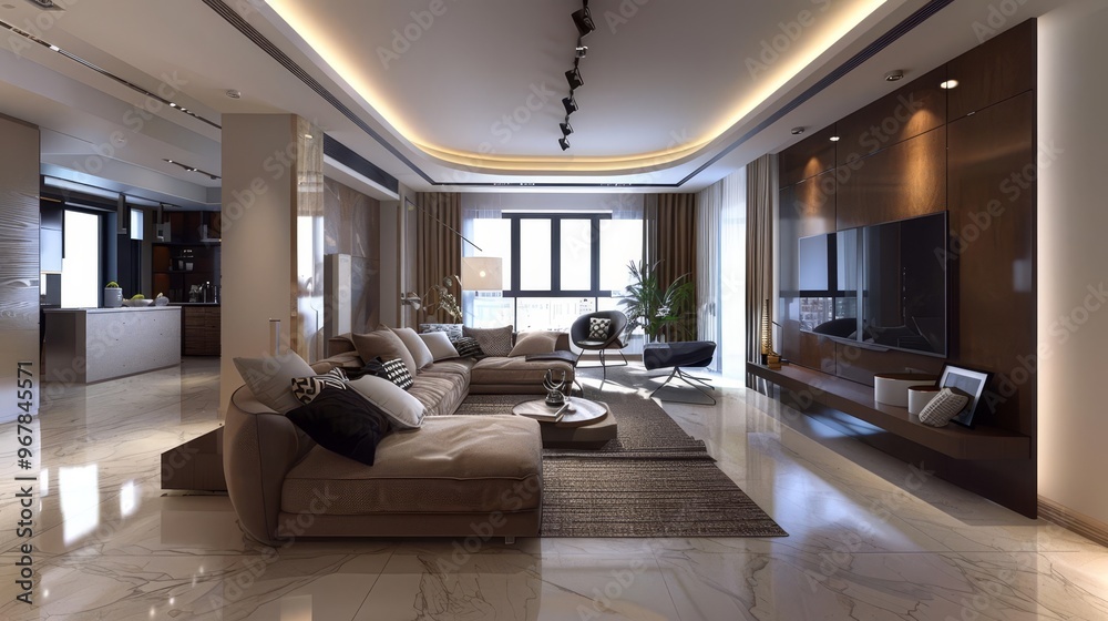 Fototapeta premium Modern living room with a large sectional sofa, a coffee table, and a television on a wall unit.