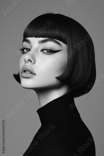 Sophisticated woman with a sleek bob haircut and bold eyeliner, dressed in an elegant black outfit. The gray background adds a touch of mystery to her allure.
