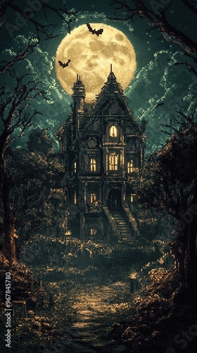 Haunted Mansion with Bats and Full Moon in Forest