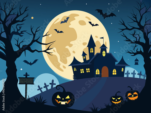 Halloween evening design with festive lanterns at night moon pumpkins and bats flying photo