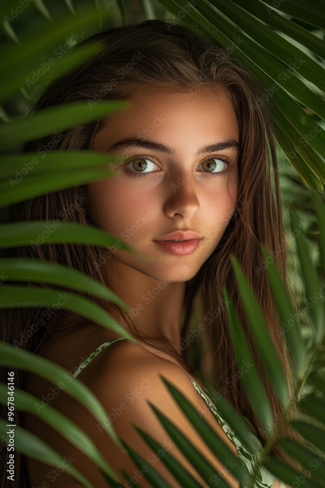 Stunning portrait of a girl, her beauty enhanced by the vibrant textures of palm leaves in the background, evoking a tropical vibe. Stunning portrait of a girl, her beauty enhanced by the vibrant textures of palm leaves in the background, evoking a tropical vibe.
