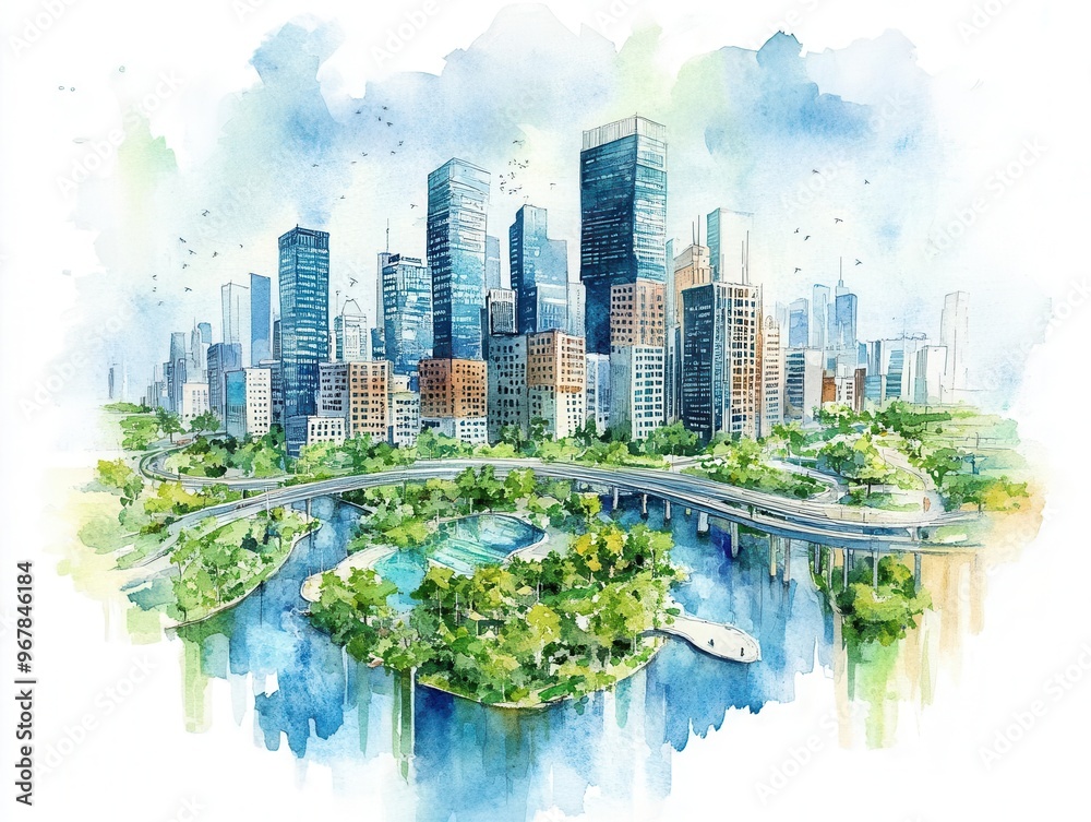 Naklejka premium A vibrant watercolor cityscape featuring modern skyscrapers and lush greenery along a serene river.