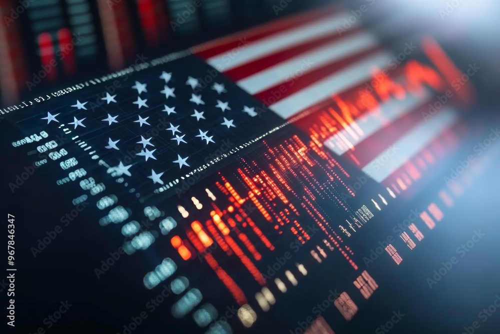 American flag with stars and stripes made of glowing data points and code lines, symbolizing technology in national security American flag with stars and stripes made of glowing data points and code lines, symbolizing technology in national security