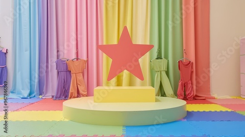 Colorful Playroom with Rainbow Stripes, Stars, and Play Equipment