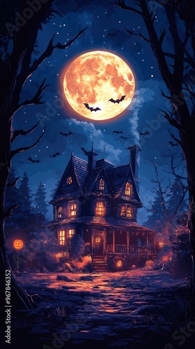 Spooky Full Moon Lighting Haunted House with Bats