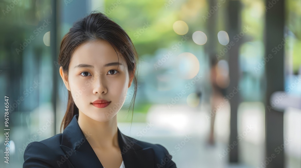 Obraz premium Portrait of a young Asian businesswoman, exuding confidence and professionalism in a business setting with copy space