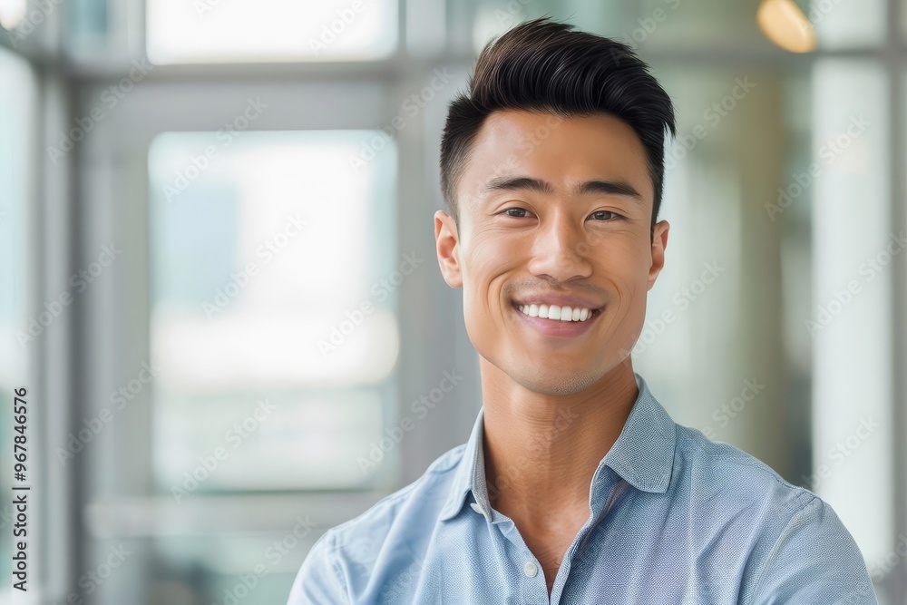 Smiling Asian man in blue shirt looking at camera Smiling Asian man in blue shirt looking at camera