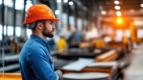 A male worker in a hard hat and safety vest is focused on the task at hand, working in a large factory environment.