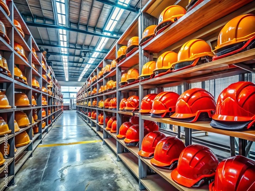 Modern factory interior showing rows of fire-resistant helmets and protective gear on shelves, highlighting a leading photo