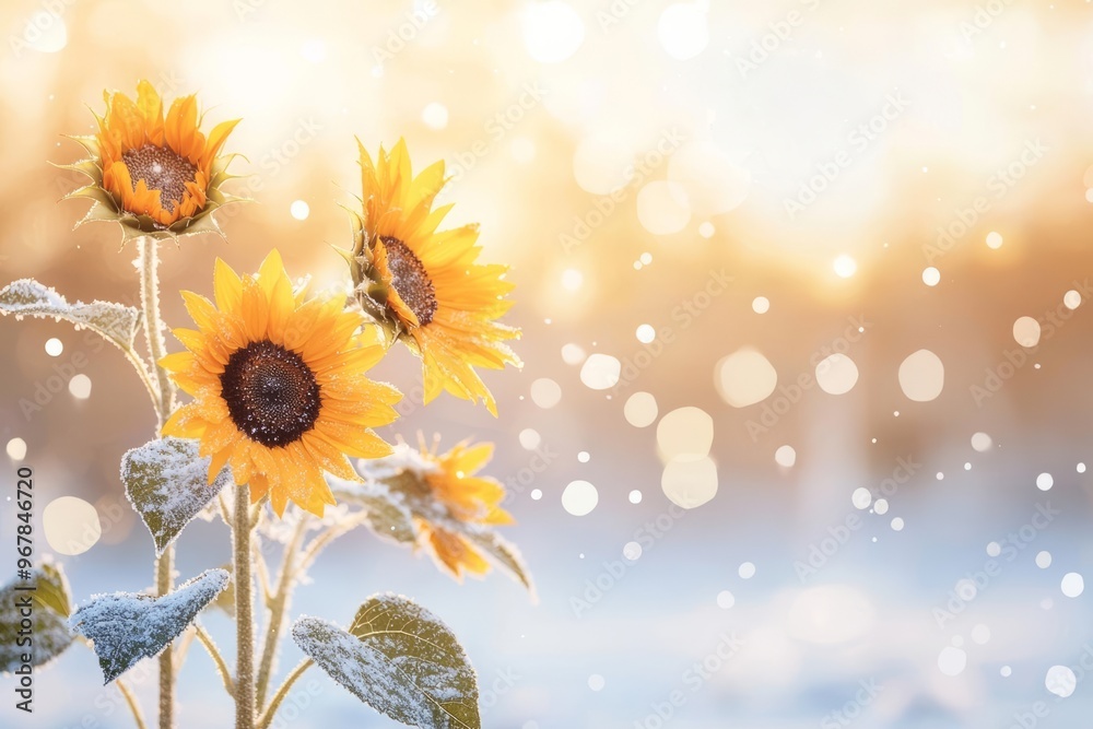 Winter wonderland with sunflowers peeking through snow, soft golden light illuminating the snowy landscape, peaceful holiday scene Winter wonderland with sunflowers peeking through snow, soft golden light illuminating the snowy landscape, peaceful holiday scene