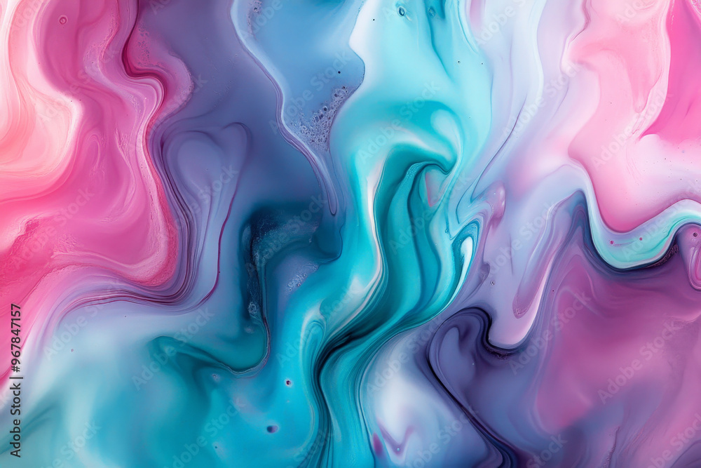 Fototapeta premium Swirling liquid paints in vibrant hues of pink, purple, and teal, blending seamlessly into each other with a glossy, smooth texture that creates a mesmerizing marbled effect.
