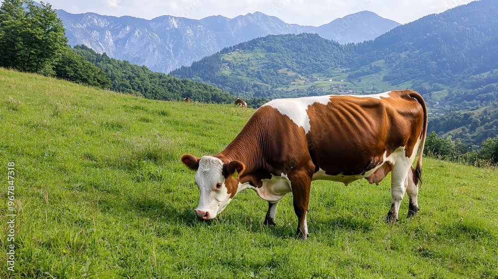 Cow Grazing in a Mountain Pasture Cow Grazing in a Mountain Pasture