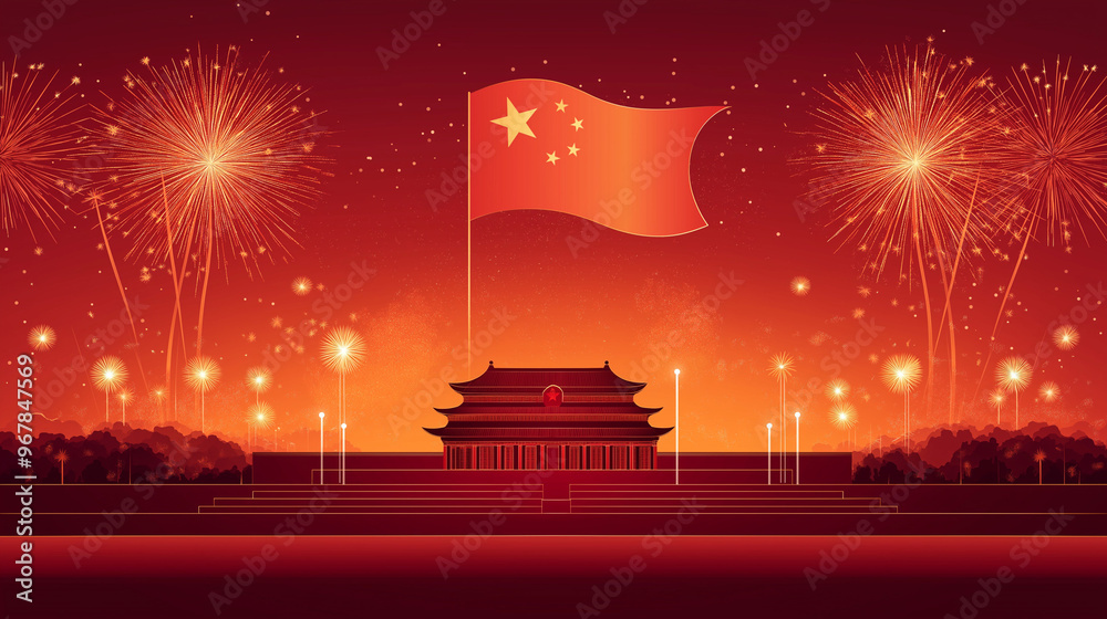 chinese national day celebration with fireworks and flag 素材庫插圖 | Adobe ...