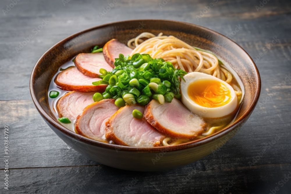 Sapporo Ramen, with an artistically placed slice of pork, a sprinkle of grated ginger, and a few slices of scallions, set against a clean Sapporo Ramen, with an artistically placed slice of pork, a sprinkle of grated ginger, and a few slices of scallions, set against a clean