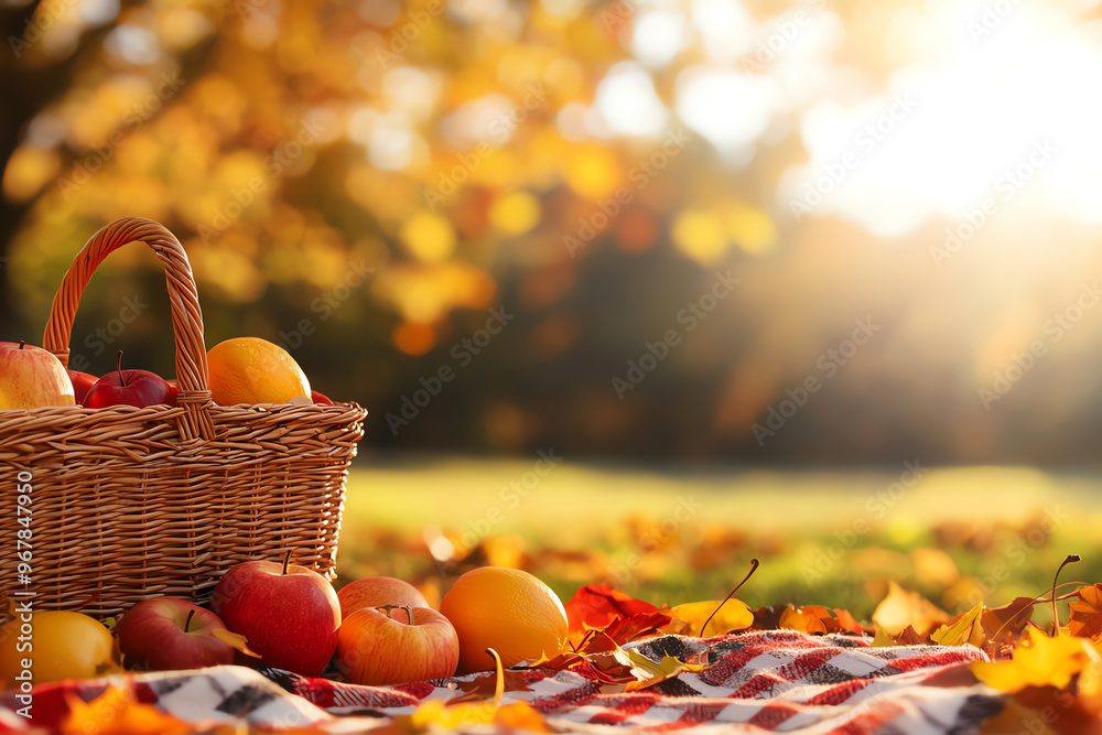 A colorful autumn scene with a basket of fresh apples, surrounded by golden leaves and warm sunlight creating a cozy atmosphere.