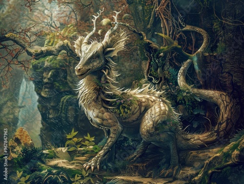 A white dragon with intricate, leafy patterns blends seamlessly into a lush forest, its presence both magical and mysterious.