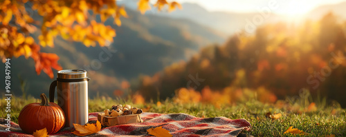 A cozy autumn picnic scene featuring a blanket, coffee thermos, pumpkin, and beautiful fall foliage under a glowing sunset.