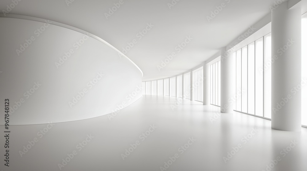 Minimalist Architecture Concept with Curved Walls and Large Windows in a White Interior Space Minimalist Architecture Concept with Curved Walls and Large Windows in a White Interior Space