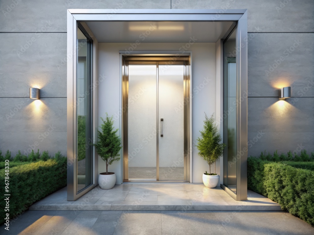 Modern minimalist entrance features a sleek glass door with a silver handle and elegant frame, set against a Modern minimalist entrance features a sleek glass door with a silver handle and elegant frame, set against a