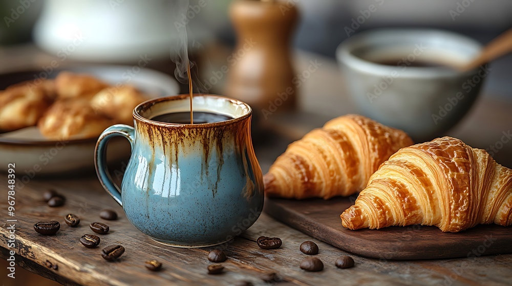 An artisan coffee setup with a pour-over brewing process, ceramic mug placed on a wooden table, fresh croissant and pastries beside the coffee, warm light casting shadows, An artisan coffee setup with a pour-over brewing process, ceramic mug placed on a wooden table, fresh croissant and pastries beside the coffee, warm light casting shadows,