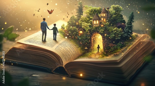 A large open book with an archway to a magical world is on the table in the room. There is a magical fairy tale world in the book. At the entrance 
