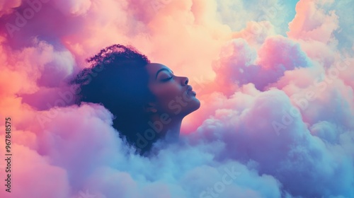 Woman's Profile Emerging from Pink and Blue Clouds