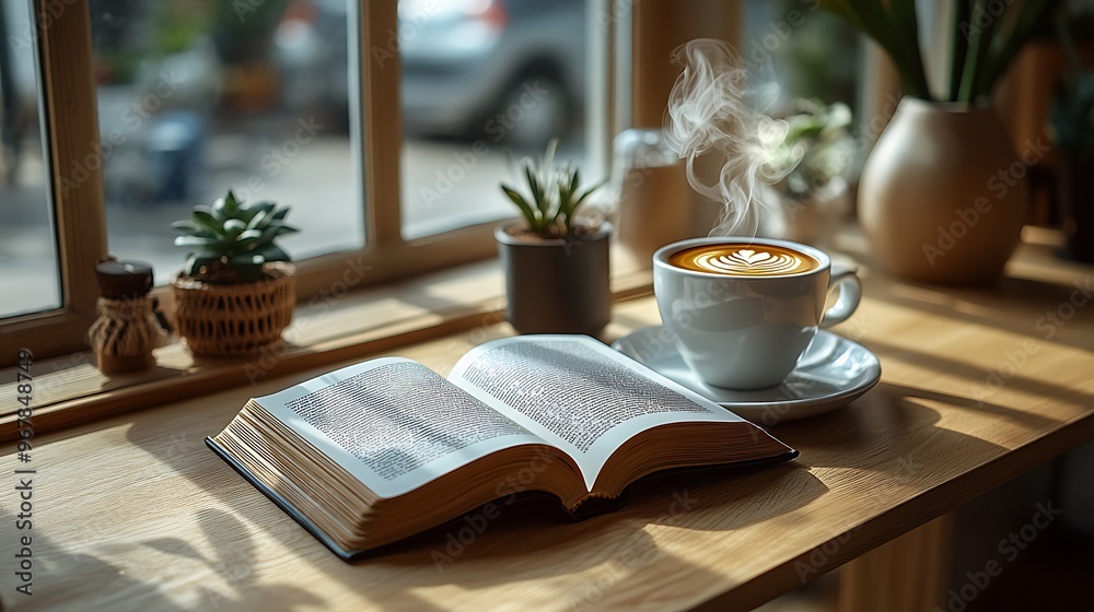 An inviting coffee shop with an open book and a steaming cup of coffee on a wooden table, natural light streaming through the window, warm tones and a peaceful atmosphere, An inviting coffee shop with an open book and a steaming cup of coffee on a wooden table, natural light streaming through the window, warm tones and a peaceful atmosphere,